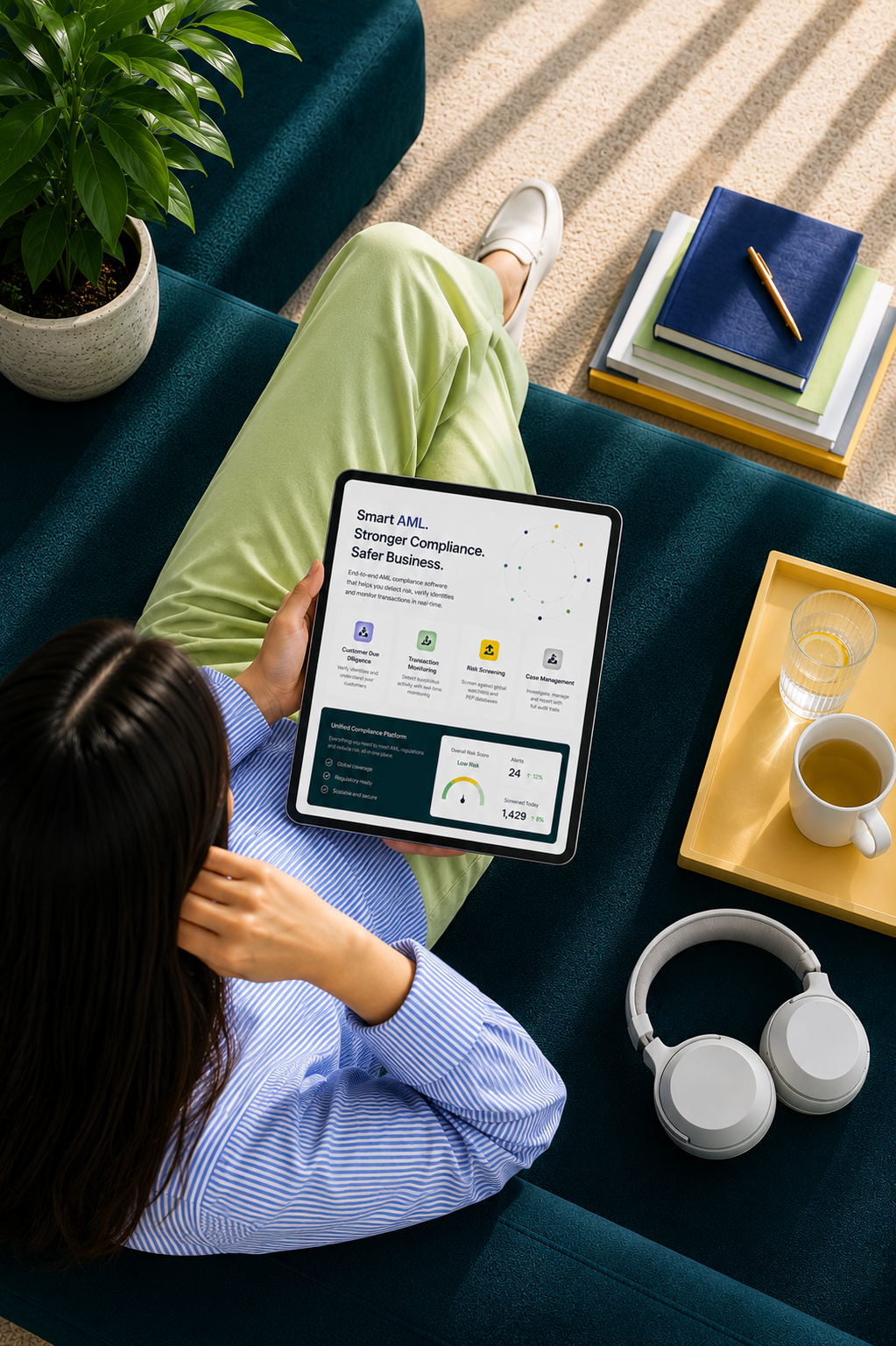 Overhead view of a person on a teal sofa reading the Propter AML compliance dashboard on a tablet